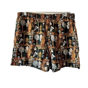 Vtg Neiman Marcus Dark Green Silk Shorts Golf Graphic Print Trophies Medals Sz L